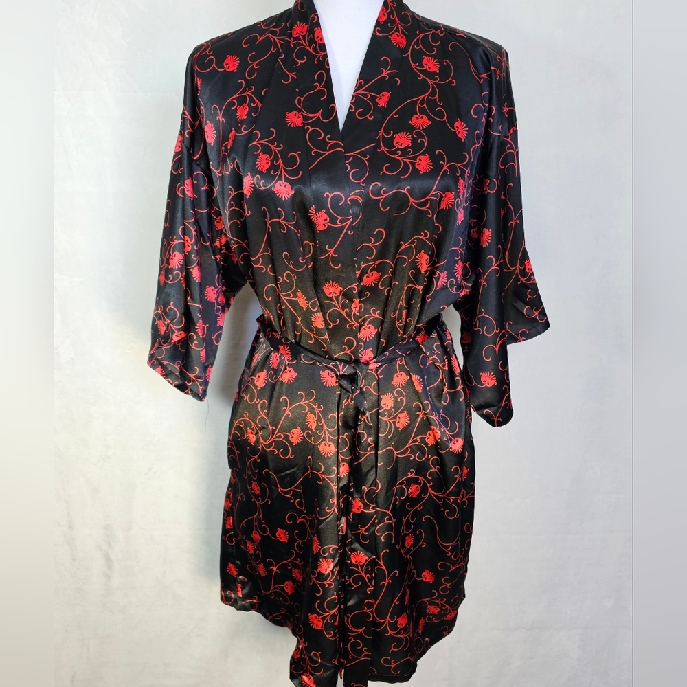 Veami Whimsigoth Black Red Floral Satin Kimono Style Robe With Belt Wm Size M